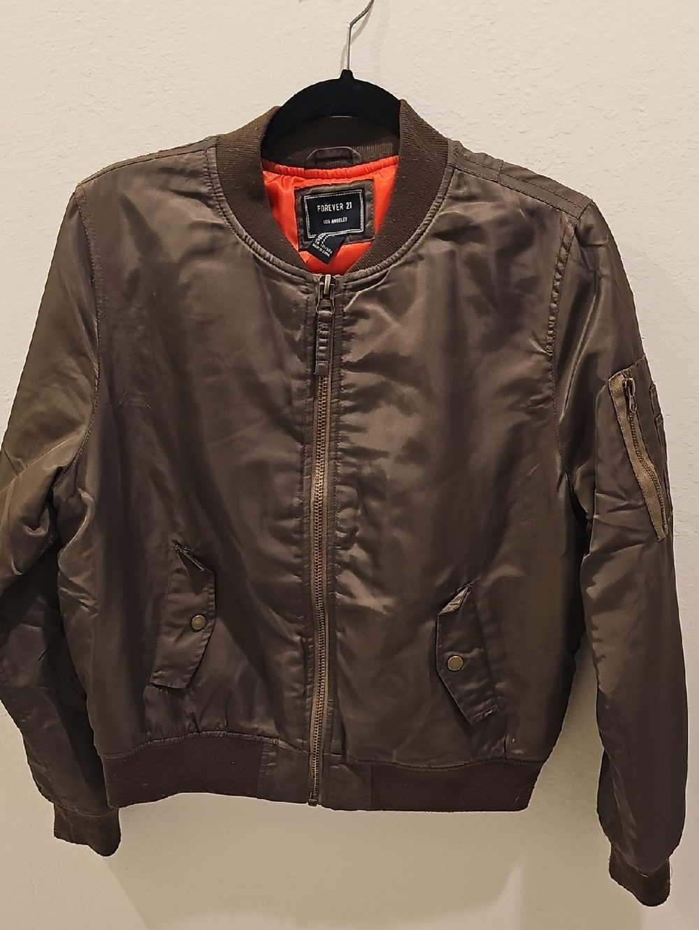 Forever 21 Women's Olive Green Bomber Jacket with Orange Lining